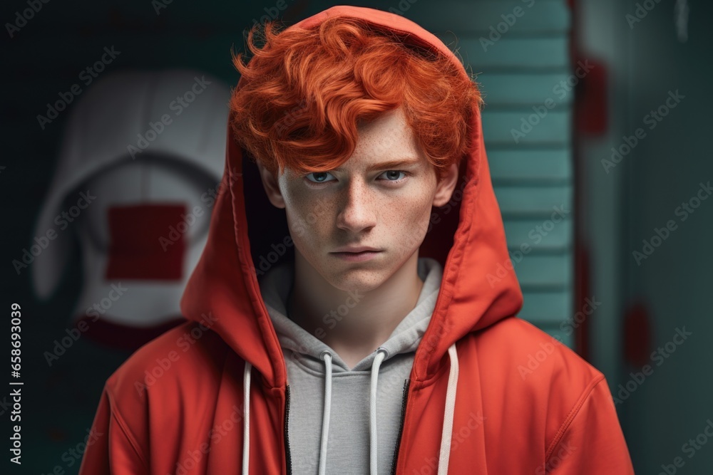Poster a picture of a man with red hair wearing a red hoodie. this versatile image can be used in various c