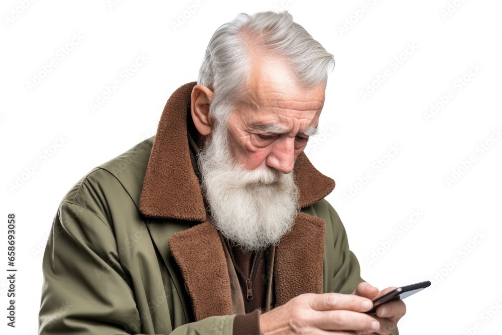 Aufkleber a man with a long beard and a brown jacket is seen looking at his cell phone. this image can be used