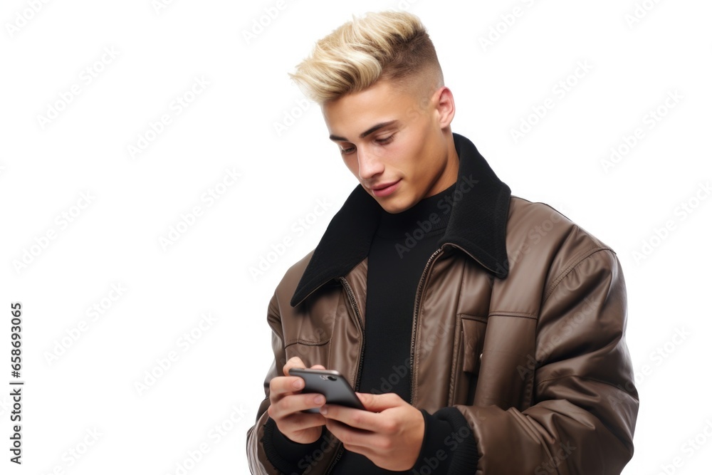 Poster a man wearing a stylish leather jacket is seen looking at his cell phone. this image can be used to 