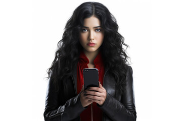 Naklejka premium A woman dressed in a leather jacket holding a cell phone. This versatile image can be used to portray modern technology, communication, fashion, or urban lifestyle.