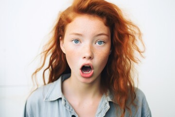 A woman with vibrant red hair wearing a surprised expression on her face. This image can be used to depict shock, astonishment, or unexpected reactions in various contexts.
