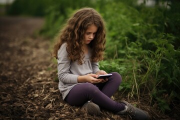 Fototapeta premium A girl sitting on the ground, engrossed in using her cell phone. This image can be used to depict modern technology and communication in everyday life.