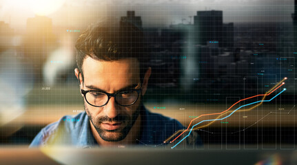 Man, computer and stock market double exposure in trading, data analytics and night sales, profit or increase. Trader or investor reading statistics, lines or graphs in online investment with overlay