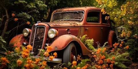 Rusted, vintage car overtaken by nature, with vines and flowers growing through its open windows and hood, concept of Overgrown relics - obrazy, fototapety, plakaty