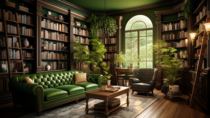 3D rendering of a green vintage library interior with bookshelves, green sofa and bookcase