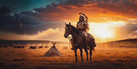 Indian chief on horseback - obrazy, fototapety, plakaty