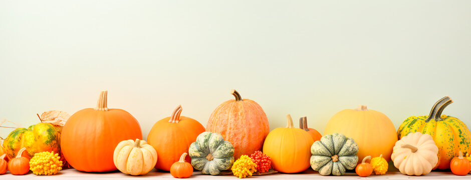 Decorative abstract autumn composition with pumpkins and copyspace