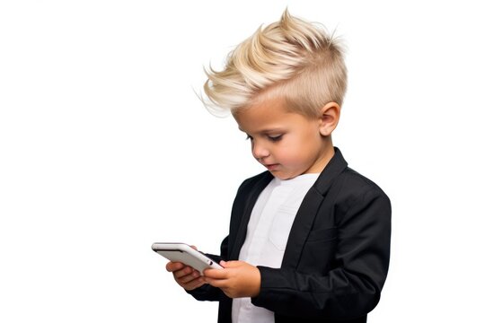 A young boy in a suit is focused on his cell phone. This image can be used to depict technology use, communication, or modern lifestyle.