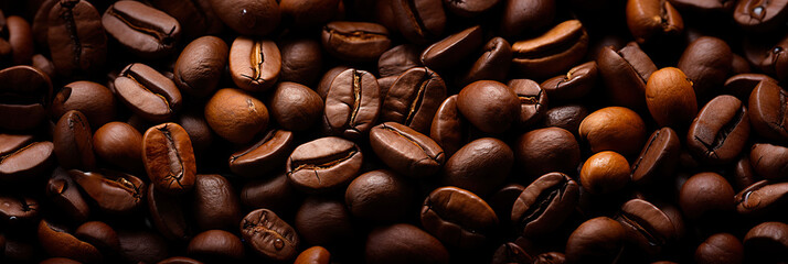 Fresh coffee beans banner. Coffee beans background. Close-up food photography - obrazy, fototapety, plakaty