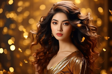 Luxury Asian Woman in Gold Dress on Sparkling Golden Background - Glamour and Elegance for Premium Beauty Products