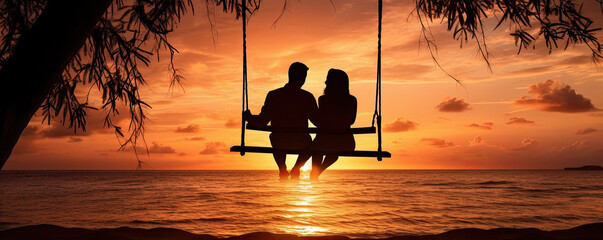 Romantic couple on swing in suset light on the beach. - obrazy, fototapety, plakaty
