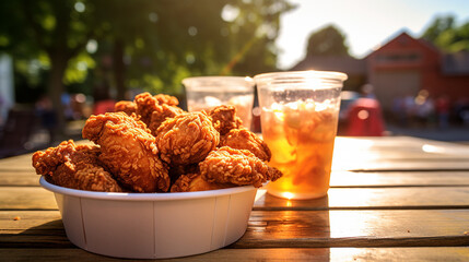A bucket of fried chicken on a picnic table, Mid-angle Shot, created with Generative AI - obrazy, fototapety, plakaty