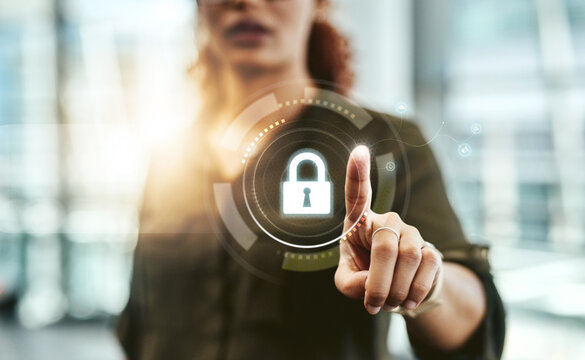 Hand point, lock hologram and cyber security with safety, pin and app with biometric on web. Data protection, press and password to stop scam, phishing and malware with woman fingerprint in office