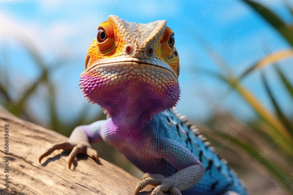 Poster A detailed view of a lizard perched on a tree branch. This image can be used to depict wildlife, reptiles, or nature in general.