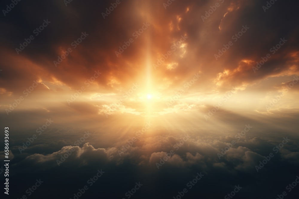 Poster A captivating image of the sun shining brightly through the clouds. Perfect for adding a touch of warmth and positivity to any project or design.