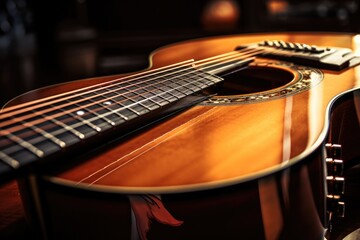A guitar resting on a wooden table, suitable for music-related projects and designs.