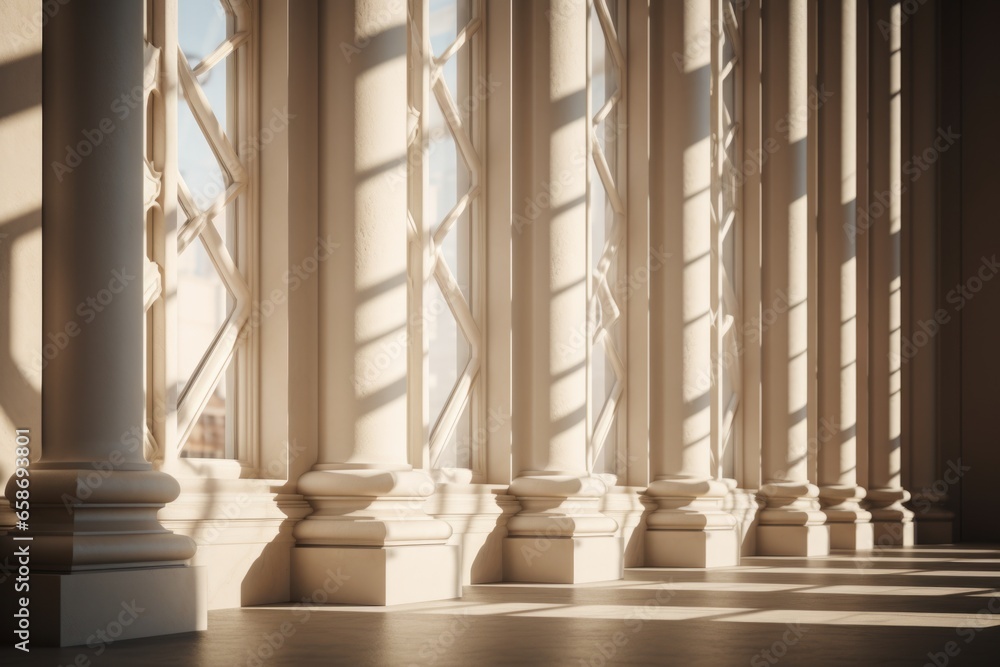 Poster A long row of columns in a building. This image can be used to depict architecture, symmetry, design, or historical structures.