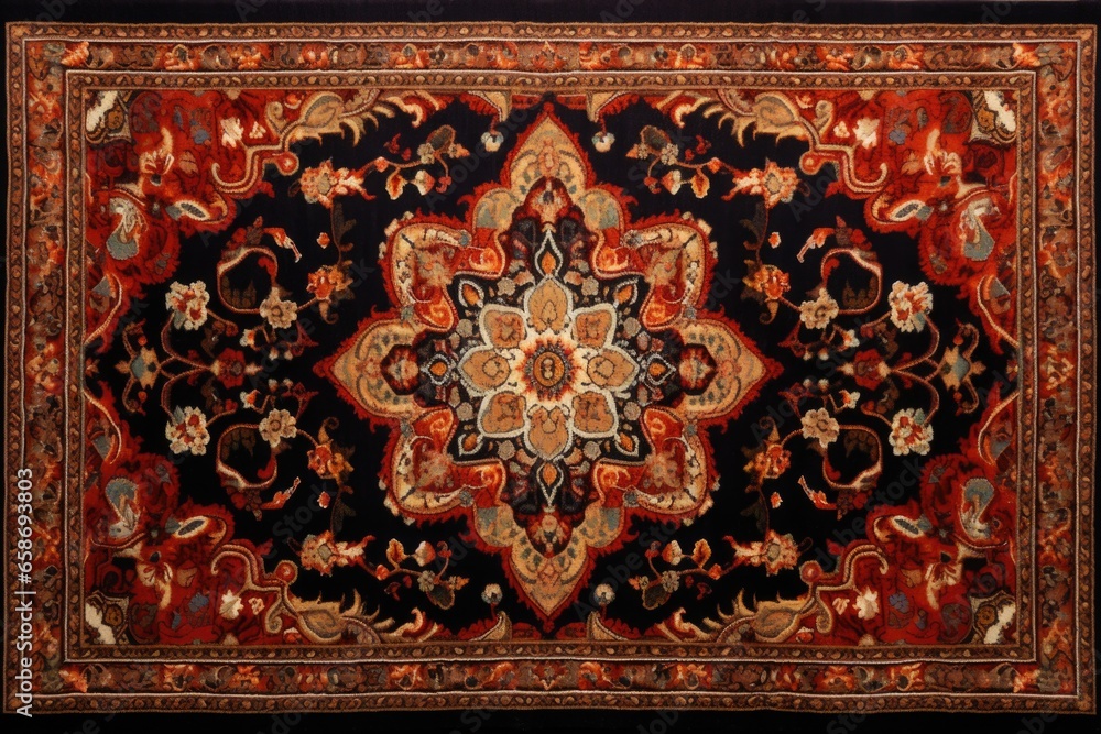 Poster a stylish red and black area rug featuring a beautiful flower design. perfect for adding a pop of co
