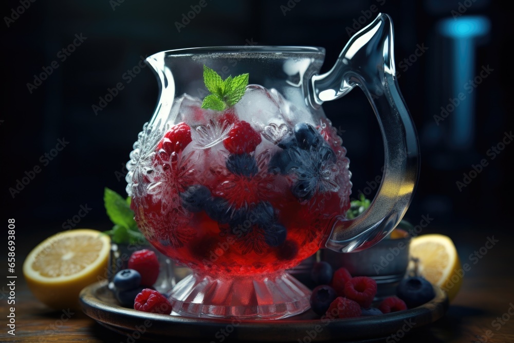 Poster A picture of a pitcher filled with various fruits placed on top of a table. This versatile image can be used for a variety of purposes.