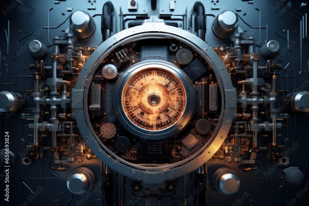 Poster A close-up image of a clock that is situated inside a machine. This picture can be used to depict precision, time management, technology, or the inner workings of a device.