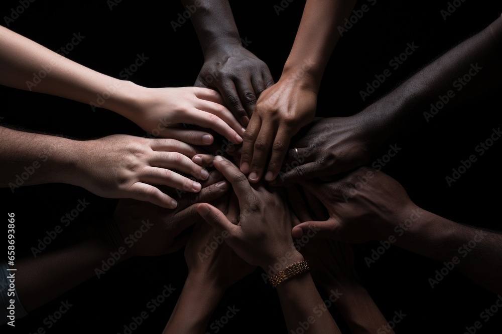 Poster A group of people joining their hands together in unity. Suitable for teamwork, collaboration, and support concepts.