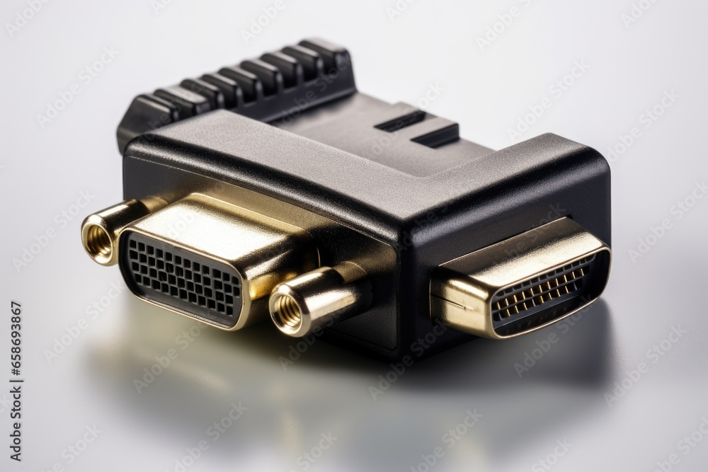 Poster A close-up view of a computer adapter on a table. This image can be used to illustrate technology, connectivity, or computer accessories.