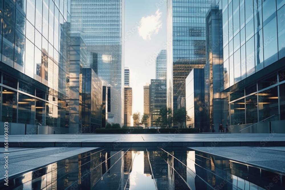 Poster a stunning image showcasing the reflection of buildings in a pool of water. this photo captures the 