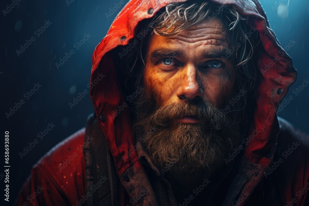 Poster A picture of a man with a beard wearing a red jacket. This versatile image can be used for various purposes.
