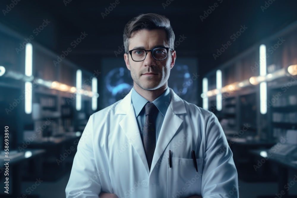 Poster A professional man wearing a lab coat and tie. This image can be used to represent a scientist or researcher in a laboratory setting.