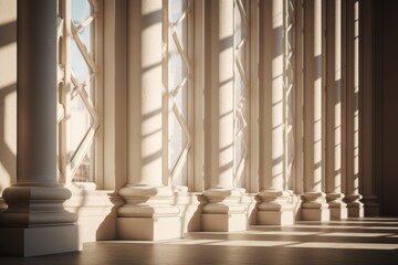 A long row of columns in a building. This image can be used to depict architecture, symmetry, design, or historical structures.