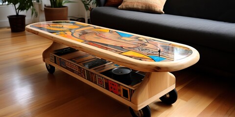Skateboard transformed into a unique and functional coffee table, concept of Functional art - obrazy, fototapety, plakaty