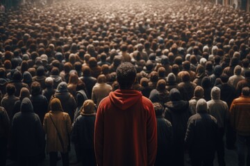 Obraz premium A man standing confidently in front of a large crowd of people. This image can be used to depict leadership, public speaking, or addressing a crowd.