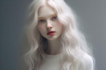 Fototapeta premium A woman with long white hair and striking blue eyes. This image can be used in various contexts, such as beauty, fashion, or fantasy themes.