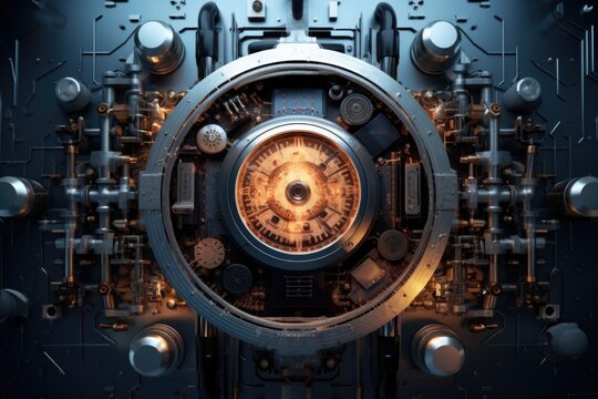 A close-up image of a clock that is situated inside a machine. This picture can be used to depict precision, time management, technology, or the inner workings of a device.