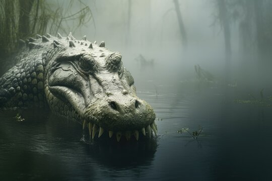 A picture of a large alligator in a body of water. This image can be used to depict wildlife, nature, or danger in aquatic environments.