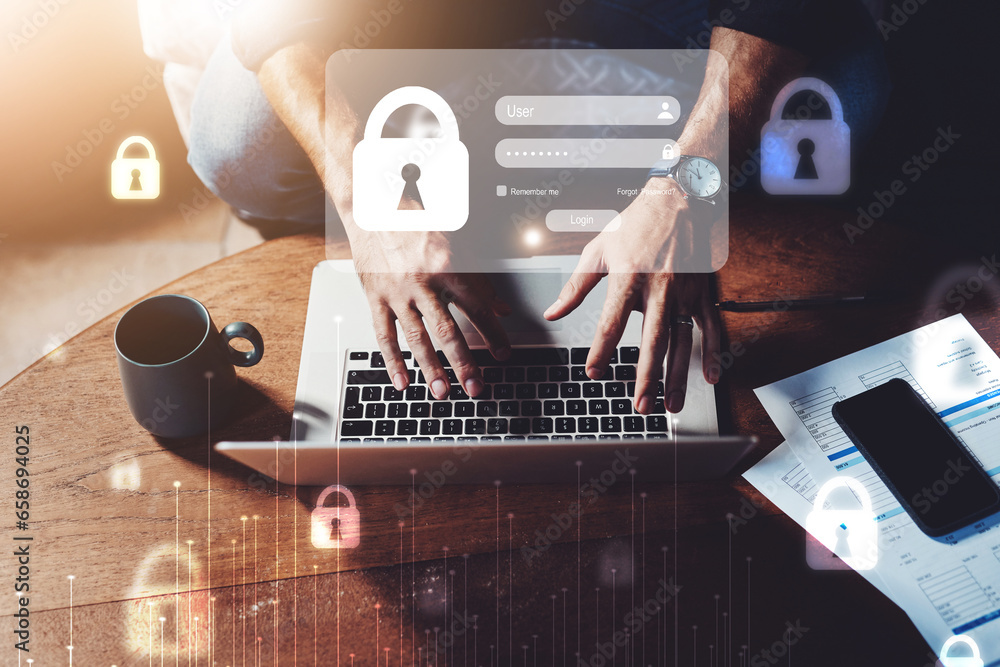 Leinwandbilder hologram, laptop and hands of person for cybersecurity, website and information technology mockup. b
