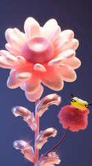 Obraz na płótnie Canvas 3D Cartoon rendering of flowers.Surprised Bloom: A Cartoon Flower's Encounter with the Sky