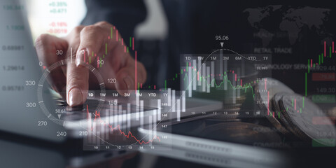 Business data and stock market analysis, currency exchange. Businessman analyzing financial graph, forex chart, economic growth, business finance and investment background