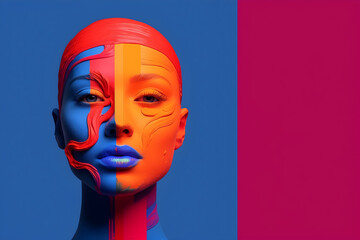 Fashion Abstract Concept. Closeup portrait of chiseled features woman mannequin with colourful body paint clay. illuminated dynamic composition. sensual, advertisement. copy space	
