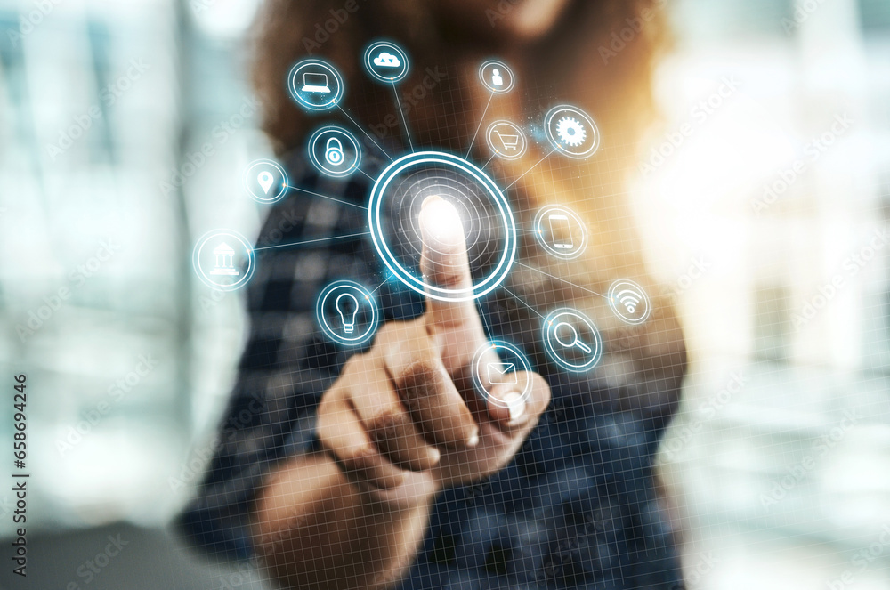 Poster hologram, icon and finger of person for fingerprint, website and online app for cybersecurity. busin