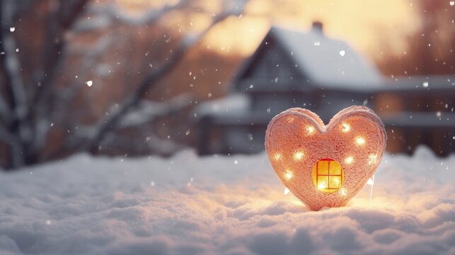 A lovely handmade pink heart with a light up window inside, symbolizing family love and living together or buying a new home. In the background there is a real house and a lot of snow.