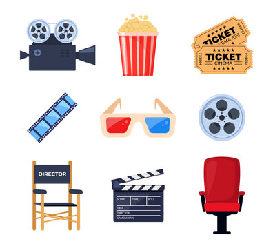 Cinema elements. Tickets, popcorn bucket, 3D glasses, clapperboard, montage tape, video camera. Vector illustration for cinema theater, film industry, show, movie making concept. Vector illustration.