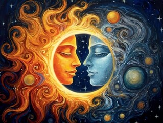 Moon and sun in a face-off. An exquisite illustration of opposites merging as one, a celestial crescent uniting night and day. Thought-provoking concept.