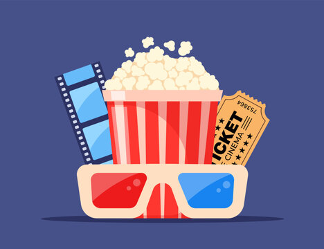 Movie time. Composition with popcorn, clapperboard, 3d glasses and filmstrip. Cinema poster, banner design for movie theater. Vector illustration.