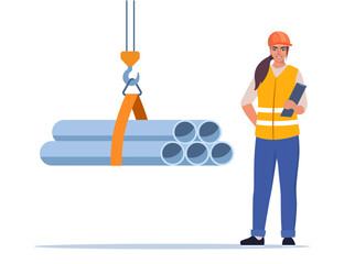 Woman engineer or manager looking for process of metal pipes transportation and loading. Construction worker wearing protective helmet and clothes. Vector illustration.