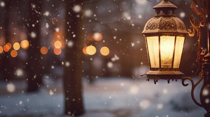 A snow-covered street illuminated by a solitary street light at evening - obrazy, fototapety, plakaty