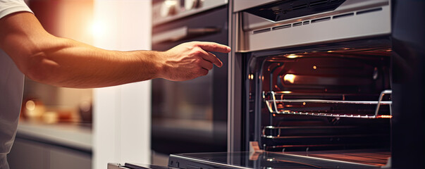Man hand open oven door and adjust time for cooking.