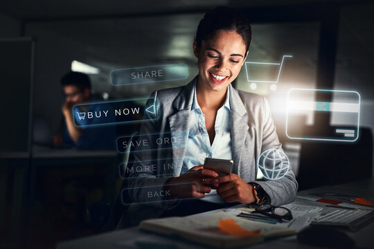 Business woman, phone and online shopping hologram, e commerce technology and buy or order in night office. Professional person on mobile app with internet banking, website icons and digital overlay - Powered by Adobe