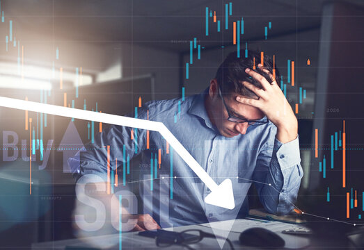 Man, stress and headache for double exposure on trading, computer data analytics and stock market crash. Frustrated trader, seller or investor with depression, sad or overlay for assets loss at night - Powered by Adobe