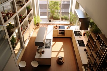 Bird's-eye view of a contemporary kitchen. Generative AI